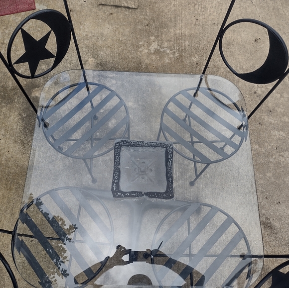 Antique French Wrought Iron Forged Outdoor Chairs w Wrought Iron Glass Top Table - Picture 10 of 16